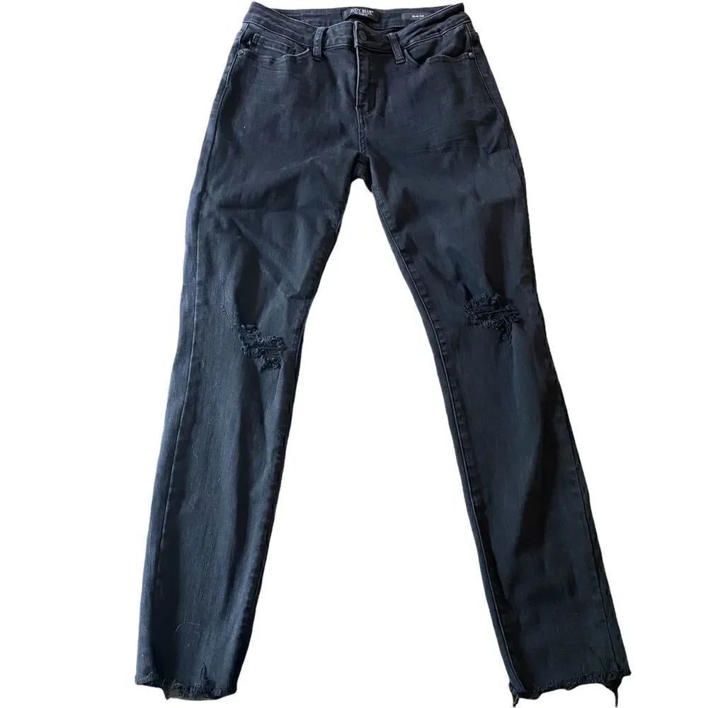 Judy Blue SKinny Jeans black distressed raw hem Slim fit size 26